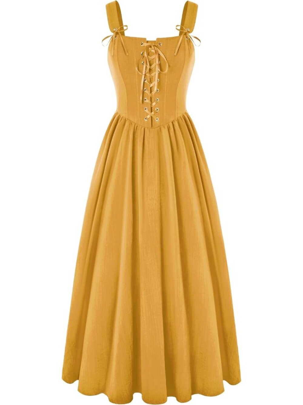 Women's Yellow Cottage Core Long Sleeveless Lace Up Imported Costume Dress - Picture 1 of 6